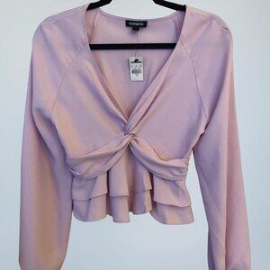 Express Pink Long Sleeve Twist-Front Blouse